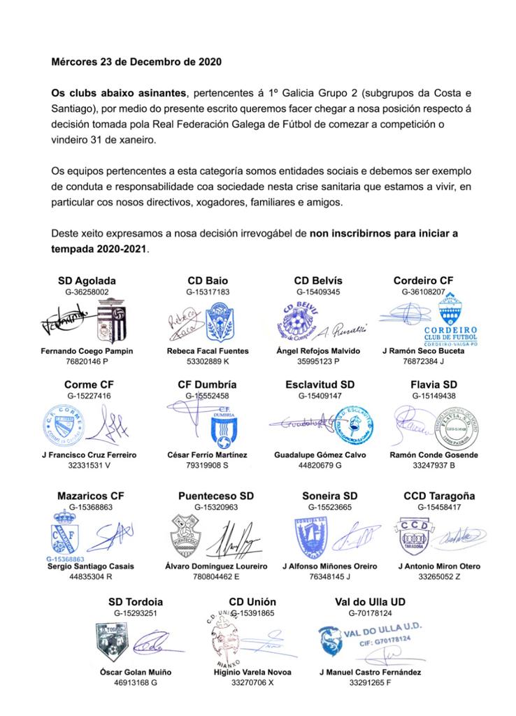 COSTAFUTBOL5's tweet image. COMUNICADO OFICIAL 
15 clubs da primeira Galicia grupo 2 entre eles os nosos Costeiros sacan un Comunicado Oficial onde se negan a xogar na vindeira temporada 20-21
@infutbolgalicia @marcadorgalego @GALICIANGOLES @ElPunteirolo @EnXogo_tvG2 @Futbolpreferen @RadioNordes