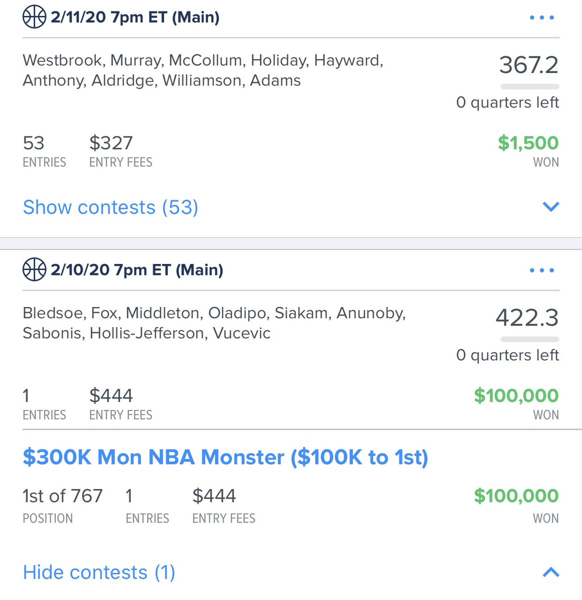 DonsDfs's tweet image. Easy Cash Last Night and just like that we 1-0 on NBA season Look at the next pic to see what we did last year! NBA by far my best sport very few spots remaining DM me if you want to win BIG this NBA season! I play 1k every day on NBA! #dfs #draftkings #fanduel #nba #basketball