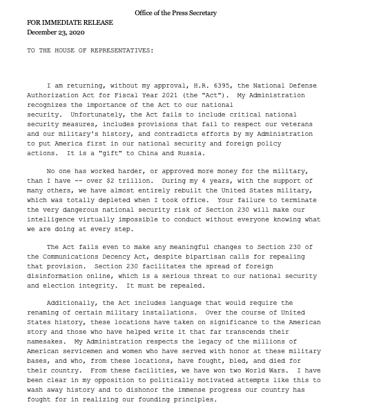 newsguyusa's tweet photo. Full text of the memo from @POTUS to the House on his veto of the #NDAA. https://t.co/i5oQXHiIcb