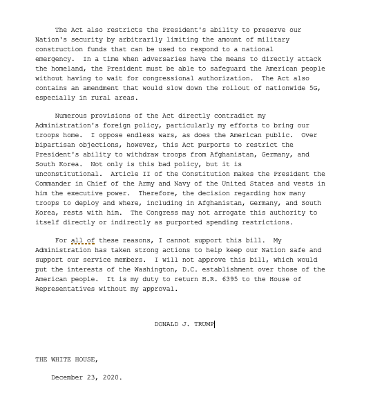 newsguyusa's tweet photo. Full text of the memo from @POTUS to the House on his veto of the #NDAA. https://t.co/i5oQXHiIcb