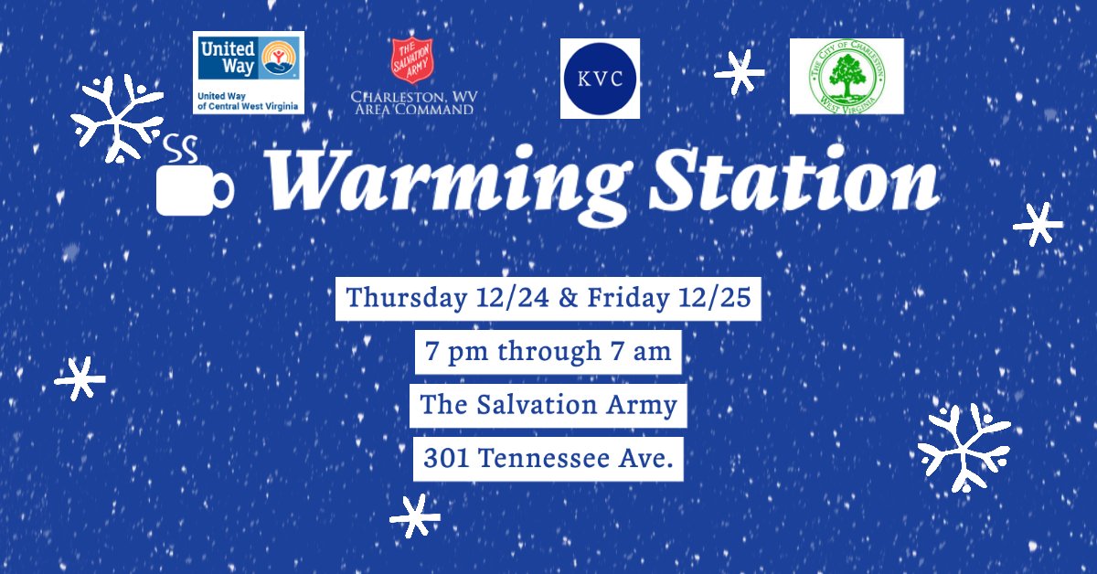 SalArmyCAC's tweet photo. The Warming Station will be open at The Salvation Army 301 Tennessee Ave. in Charleston 12/24 &amp; 12/25 from 7pm - 7am.  Please share to help save lives from the cold weather. https://t.co/4UWIPY4E9T