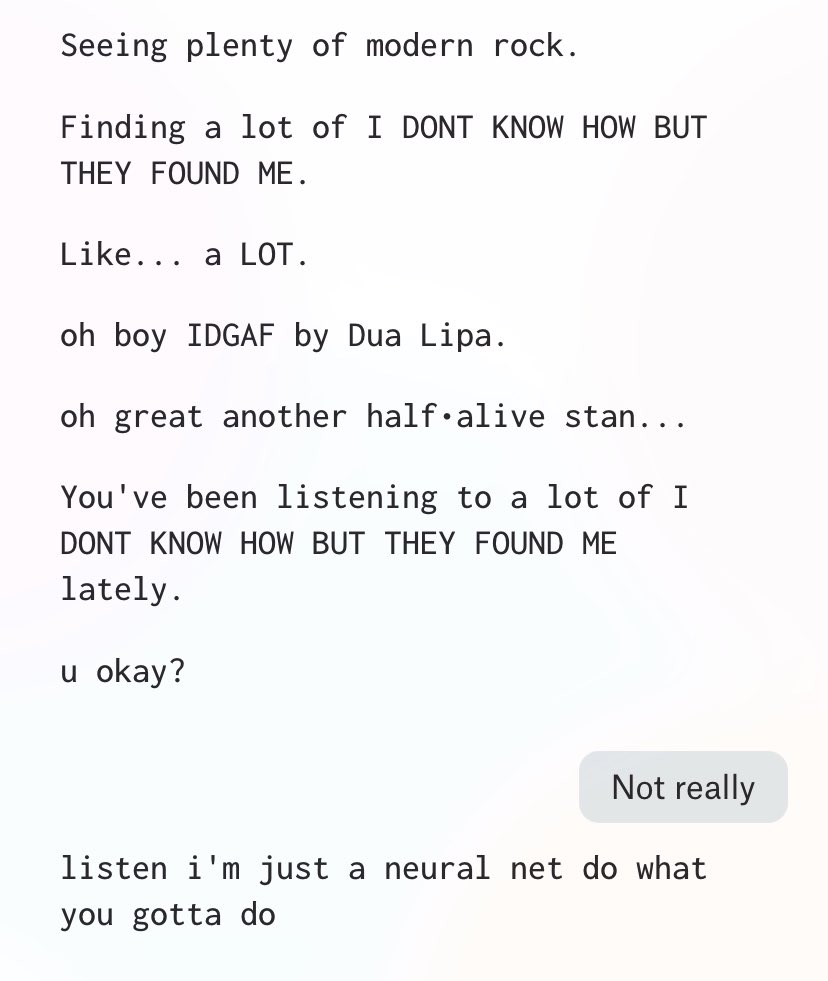 burningmadIQ's tweet photo. The Spotify AI is attacking me https://t.co/dLJm1duWic