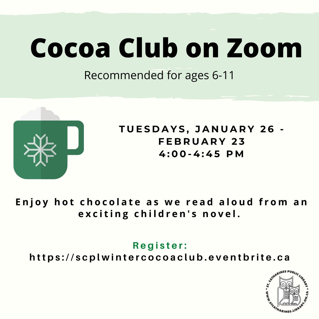stcathlibrary's tweet image. An after school favourite has moved online! In this weekly program, enjoy hot chocolate as we read aloud from an exciting children's novel. 

Register: scplwintercocoaclub.eventbrite.ca

#scplibrary #virtualprogramming @ourcitystc #libraryprogram #loveyourlibrary