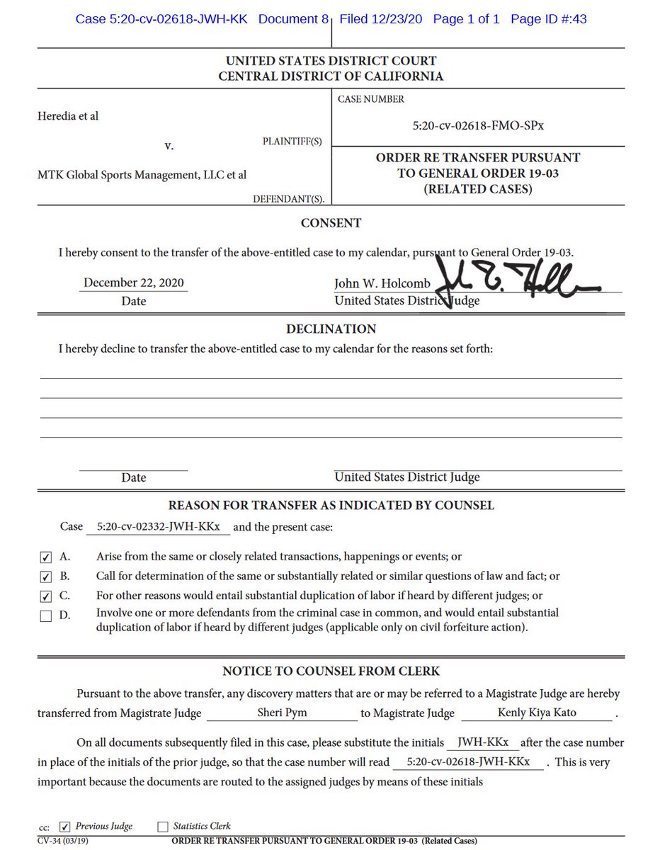 2/ORDER RE TRANSFER PURSUANT TO GENERAL ORDER 19-03-Related Case- filed. Related Case No: 5:20-cv-02332-JWH-KKxsource:  https://ecf.cacd.uscourts.gov/cgi-bin/DktRpt.pl?805456