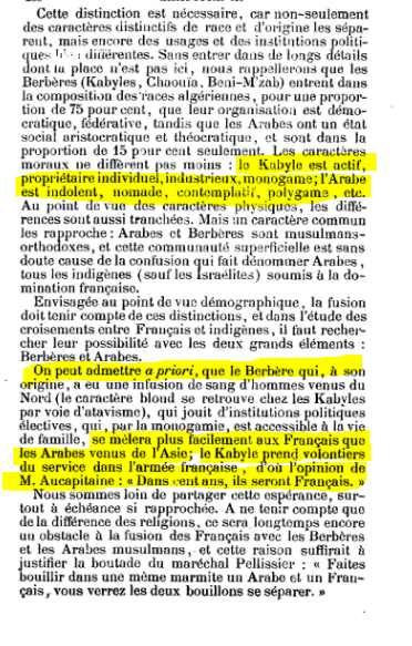 Toujours le même mythe du berbère plus "assimilable", plus proche de l'européen dans ses gènes, supérieur moralement à l'arabe.