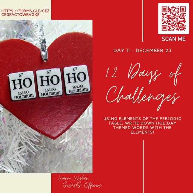 Day 11 of 12 Days of Challenges:
Use elements of the Periodic Table to make a holiday themed word! 🤓🎄