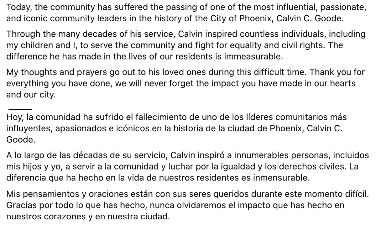CinthiaForPhx's tweet photo. My thoughts and prayers go out to Calvin C. Goode's loved ones during this difficult time. Thank you for everything you have done, we will never forget the impact you have made in our hearts and our city. #RIP https://t.co/4J4AHFDNuN