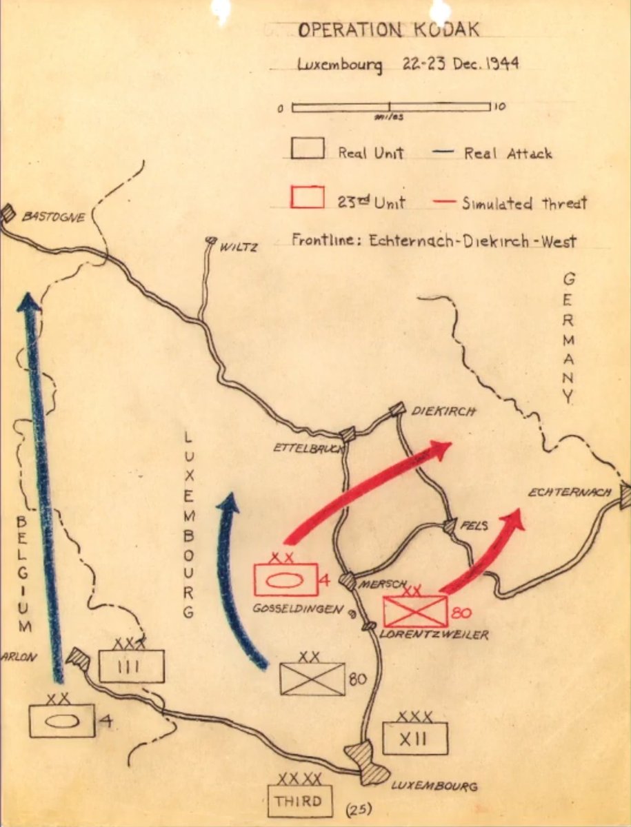 The Deception was a simulation of radio traffic by MG Horace L. McBride’s 80th Division and MG John S. Wood’s 4th Armored Division in a manner designed to confuse the Germans as to which of these were real signals from the two formations. Patton moving East shifts North.. 16/