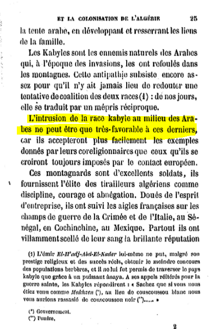Alors là je vous présente une synthèse: Henri Aucapitaine officier de l'armée d'Afrique chargé des affaires indigènes, il a défendu au Senat le projet délirant de créer des colonies kabyles sur tout le territoire algérien pour éduquer et surveiller les masses arabes. Edifiant.