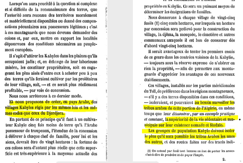 Alors là je vous présente une synthèse: Henri Aucapitaine officier de l'armée d'Afrique chargé des affaires indigènes, il a défendu au Senat le projet délirant de créer des colonies kabyles sur tout le territoire algérien pour éduquer et surveiller les masses arabes. Edifiant.