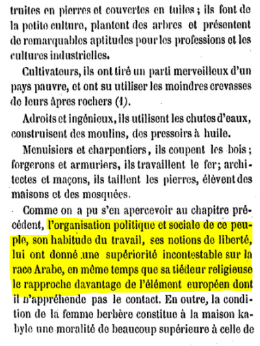 Alors là je vous présente une synthèse: Henri Aucapitaine officier de l'armée d'Afrique chargé des affaires indigènes, il a défendu au Senat le projet délirant de créer des colonies kabyles sur tout le territoire algérien pour éduquer et surveiller les masses arabes. Edifiant.