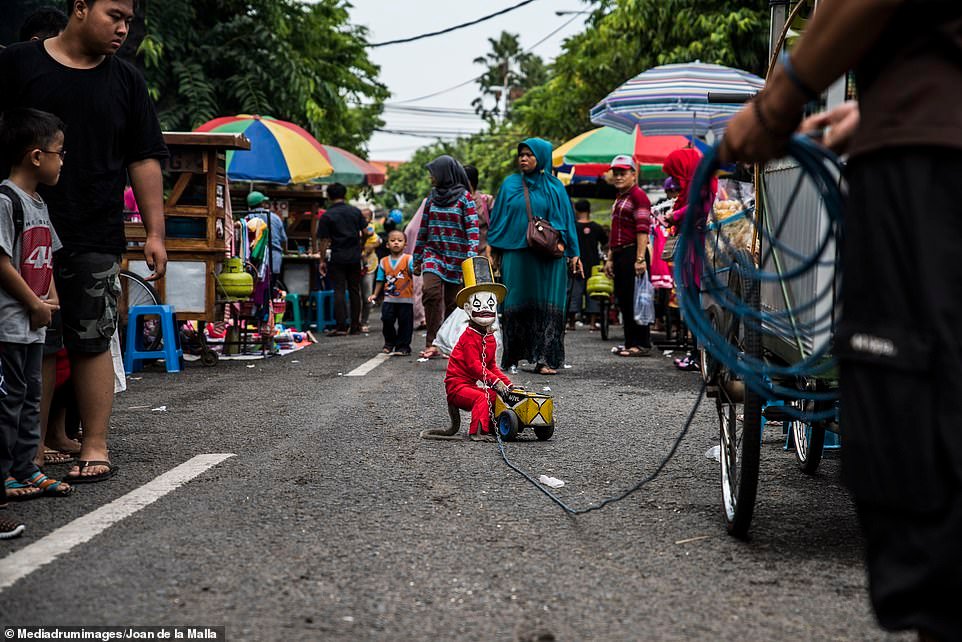 A macaque performs in a popular street show in Jakarta, Indonesia, in what is known locally as Topeng Monyet. The book exposes how animals are exploited for human entertainment