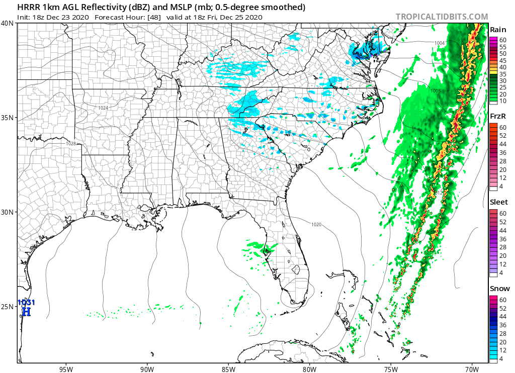 NorthGeorgiaWX's tweet photo. 18z Nam to save the day. HRRR disagrees but still shows possible flurries Christmas morning. If HRRR verifies we will definitely need a flizzard warning in place, but for now, we REALLY need that low to set up further south for back-end snow. #gawx #flizzard https://t.co/yGeU48if8L