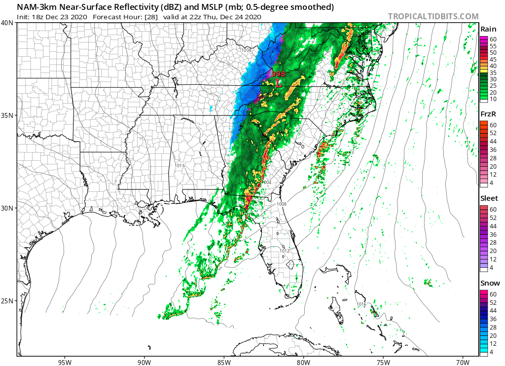 NorthGeorgiaWX's tweet photo. 18z Nam to save the day. HRRR disagrees but still shows possible flurries Christmas morning. If HRRR verifies we will definitely need a flizzard warning in place, but for now, we REALLY need that low to set up further south for back-end snow. #gawx #flizzard https://t.co/yGeU48if8L