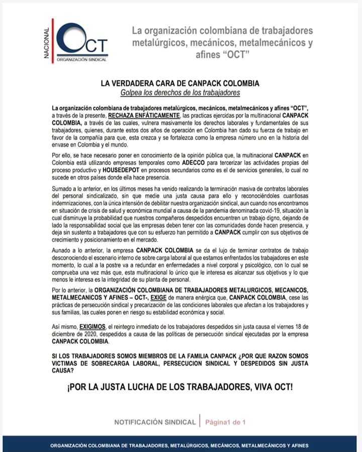 SintraquimC's tweet photo. Denuncia de los trabajadores pertenecientes al gremio OCT, denunciando la conducta antisindical de la empresa CANPACK COLOMBIA 
https://t.co/c4ak7ndBCu https://t.co/A4OjSjshcl