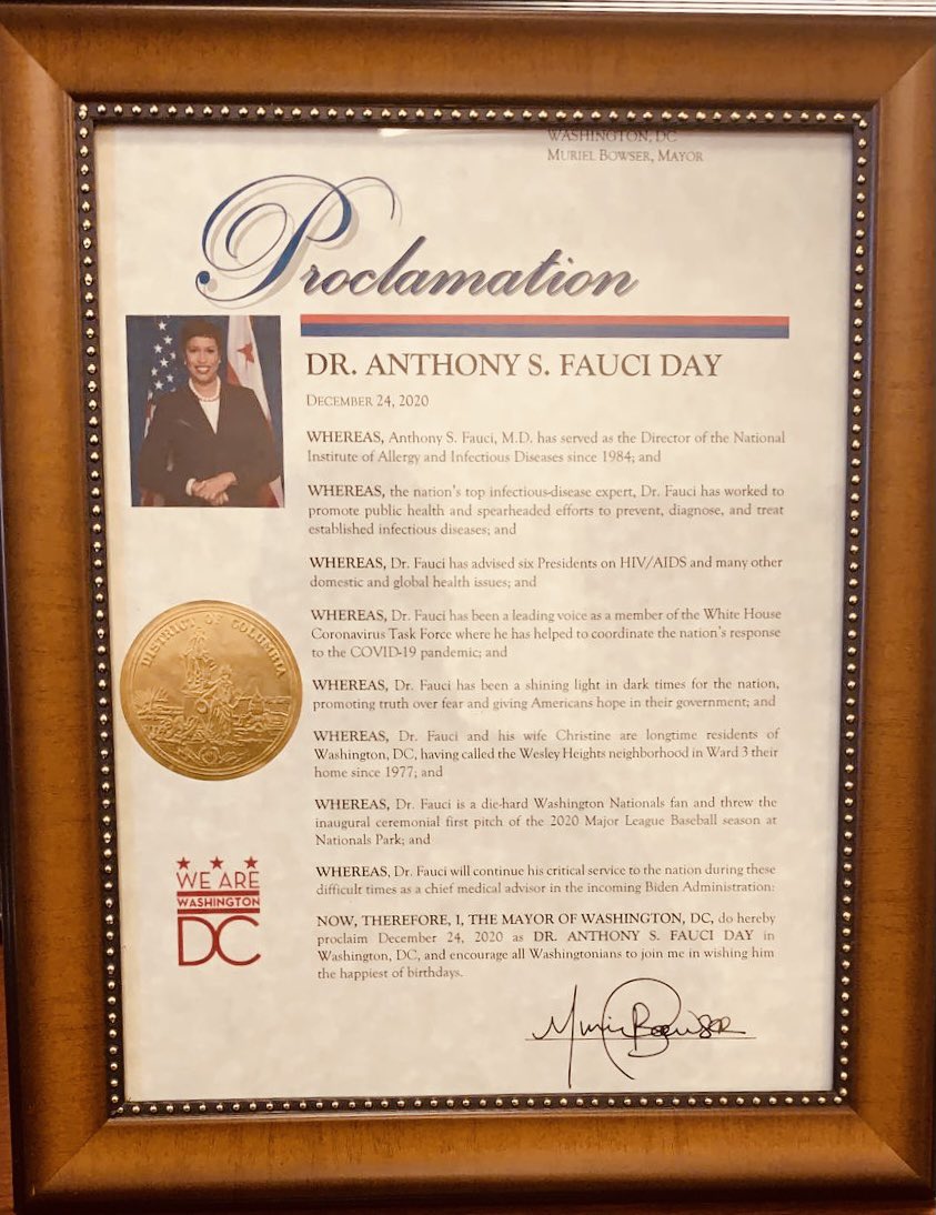 MurielBowser's tweet photo. RT this to help us mark December 24, 2020 as FAUCI DAY in the District of Columbia to honor Doctor Anthony Fauci, a long time Washingtonian, for his tireless work to support and protect his neighbors and his fellow Americans. #DCHOPE https://t.co/aFqp3ewXpB