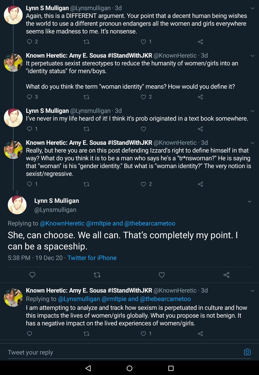 222. Lynn, who says she can be a spaceship, told Iris, who says females exist, to play in traffic. That's a violation of Twitter's TOS. Iris pointed out that Lynn's statement belied her claim of having a non-abusive adult conversation.Naturally Twitter banned Iris, not Lynn.