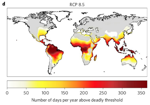 Adding one more point: at 4 deg warming, most of the tropics will become uninhabitable due to deadly heat-humidity combinations for most days of the year. This is not let's get more aircon bad, this is everyone dies bad. Figure from Mora et al .  https://www.nature.com/articles/nclimate3322/