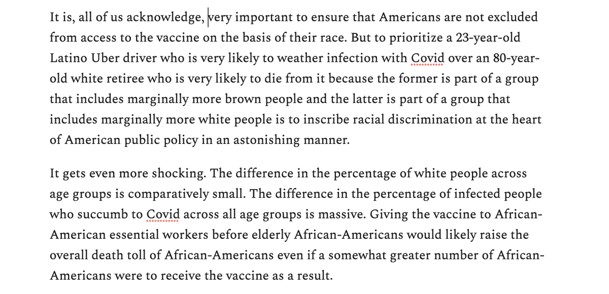 1)The CDC came scarily close to adopting a plan that would have killed thousands of people *according to its own model*.This would have inscribed racial discrimination at the heart of American public policy (and... killed lots of African-Americans) in an astonishing manner.