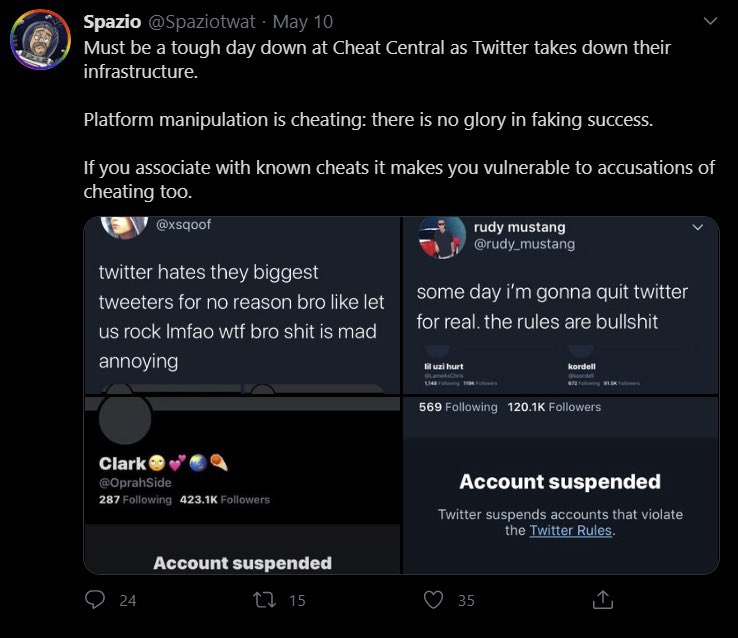 you may ask “ok and?? why do people he’s behind al of this?” well, it’s because he literally talks about these users being “cheaters” and then celebrates their suspensions. There’s even an allegedly leaked DM where he literally says “we got Albert suspended”.
