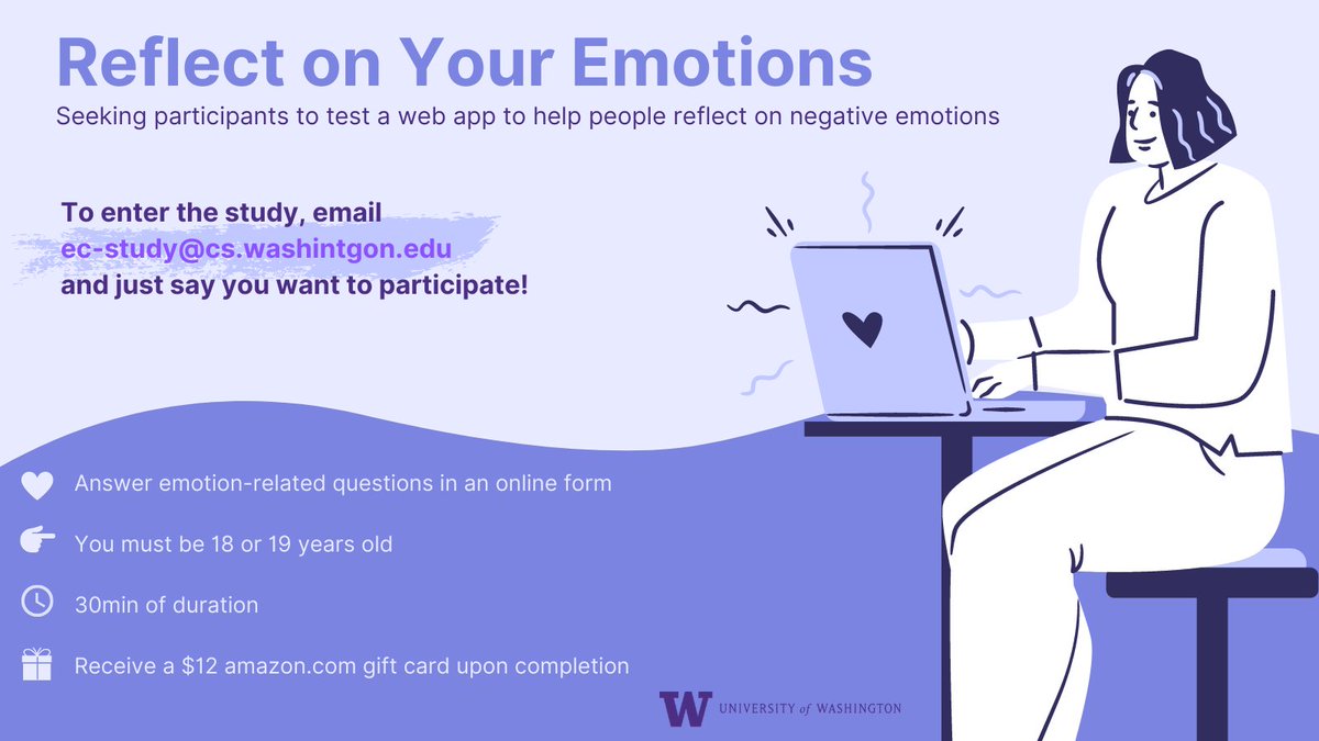 ProjectEMAR (@projectemar) on Twitter photo Project EMAR is looking for #teenagers to participate in a new remote study!
❤️Answer emotion-related questions online
➡️Must be 18 or 19
🕔Takes just 30 minutes!
🎁 Receive $12 amazon.com gift card!
👉Email ec-study@cs.washington.edu if interested! Project EMAR is looking for #teenagers to participate in a new remote study!
❤️Answer emotion-related questions online
➡️Must be 18 or 19
🕔Takes just 30 minutes!
🎁 Receive $12 amazon.com gift card!
👉Email ec-study@cs.washington.edu if interested!