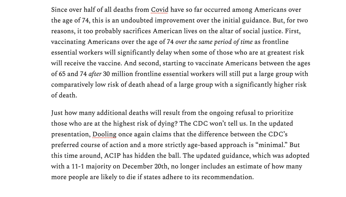 2)After a big public outcry, the CDC changed course.The recommendations it ultimately adopted are a real improvement. But though the CDC won’t give us the numbers this time around, they too are likely to lead to needless deaths.The fight for a just distribution isn't over.