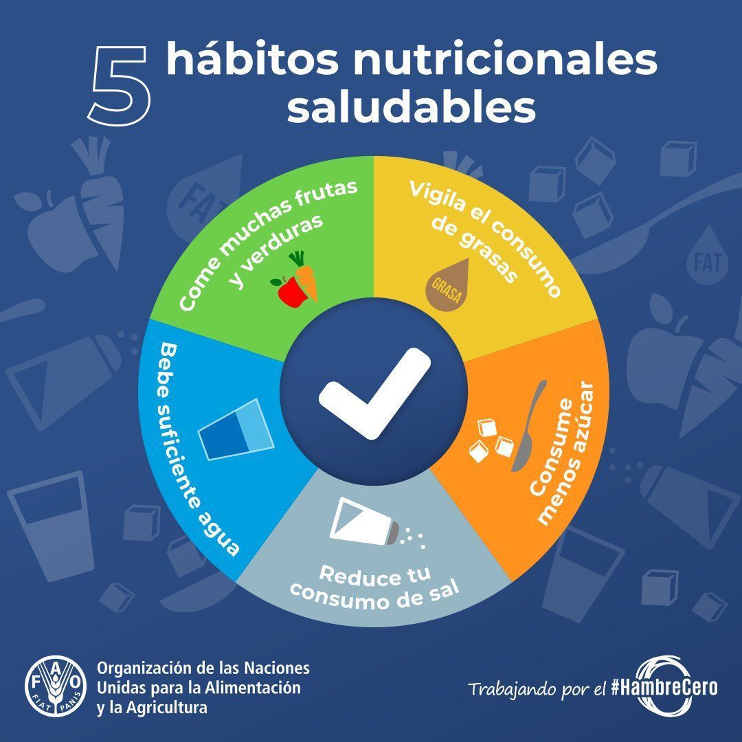 ONU_es's tweet photo. 5 consejos para una alimentación sana en 2⃣0⃣2⃣1⃣:

🥗 Adopta una dieta variada
🧂 Reduce el consumo de sal
🍩 Limita el azúcar
🍔 Evita las grasas peligrosas
💧 Bebe más agua

Más recomendaciones de la @FAOenEspanol: https://t.co/y2wIeehUCU https://t.co/babR0Om1ws
