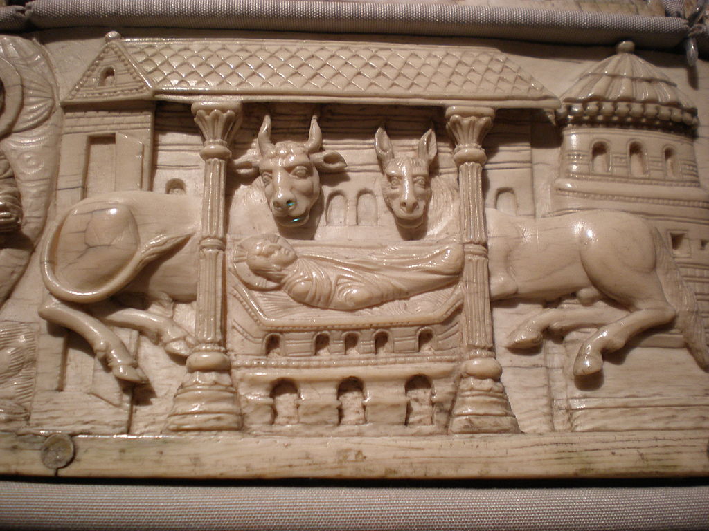 A Carolingian Nativity scene, from the front cover of the early 9th-century Lorsch Gospels:  https://commons.m.wikimedia.org/wiki/File:BLW_Lorsch_Gospels_cover_(detail).jpg