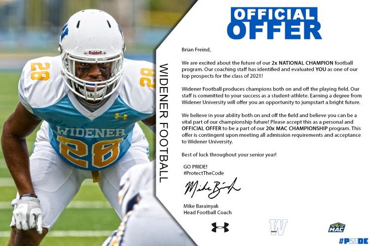 RealFrianBreind's tweet photo. Extremely blessed to receive my fourth offer from Widener University! #ProtectTheCode #AGTG @Jackmuldoon75 @MBAP_Football @Widener_FB @Coach_Barry @Coachdanconnor @CoachNateHinkle https://t.co/De8ouN4nW7