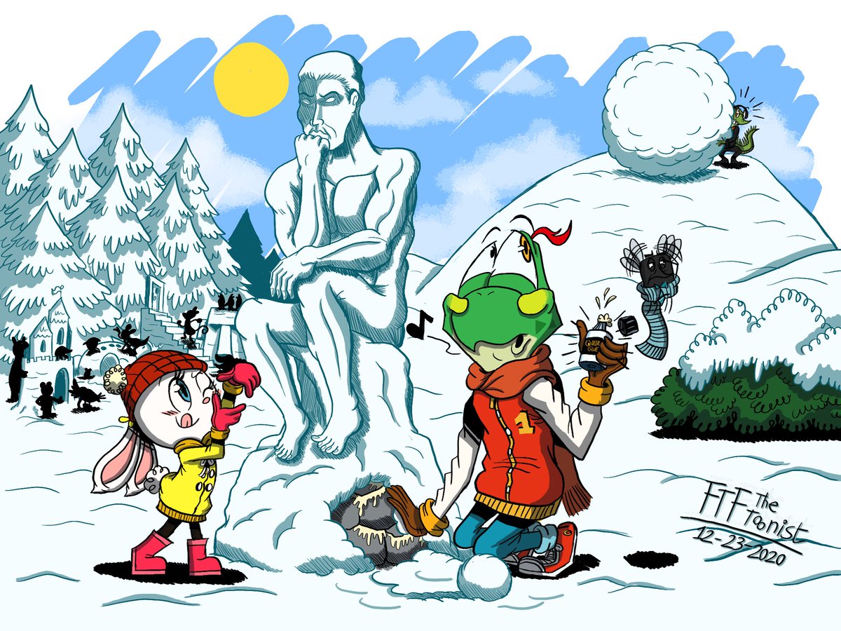 FTFTheToonist's tweet photo. [NEW]Flona helps Fric Frog make a talented thinking scupture for contest before it won't be ruined.
Plus a right version that Fric grinches.

#FricFrogFime #FricFrog #FlonaRabbit #AlfredFly #LazLizard #OriginalSeries #OCs #Christmas2020 #Christmas #Drawing #SnowSculpture #Contest https://t.co/BrADI2niq4