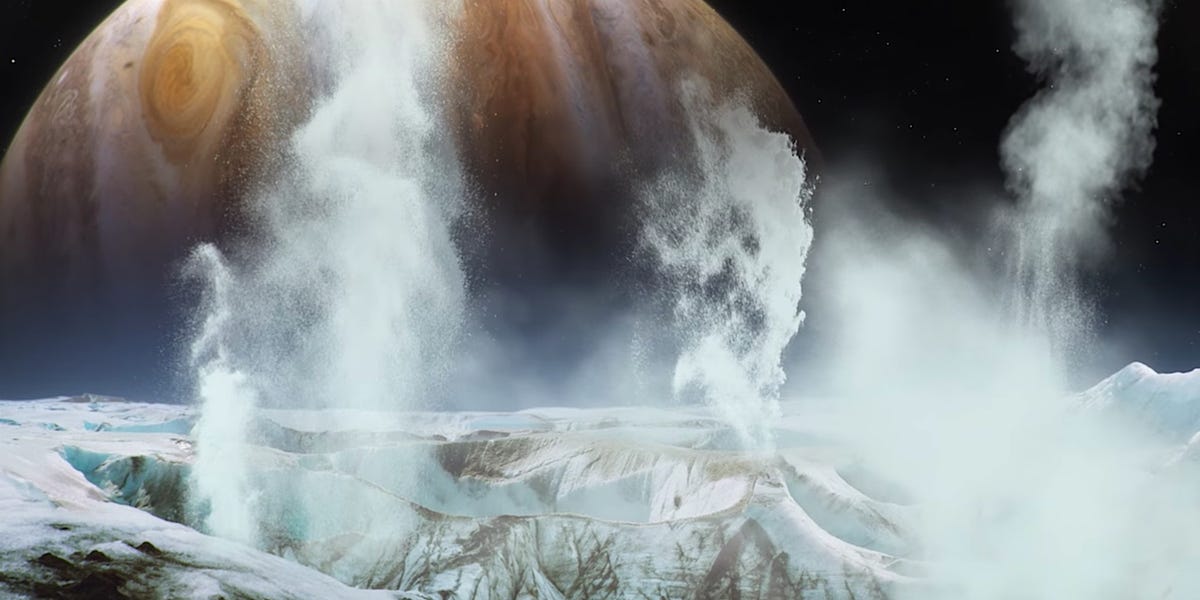 ...beneath it a liquid water ocean. An energy source that may be available to theoretical organisms living there may be produced through a combination of Jupiter's radiation and the plumes on Europa. These plumes expel water from the subsurface ocean and radiation... (3/11)