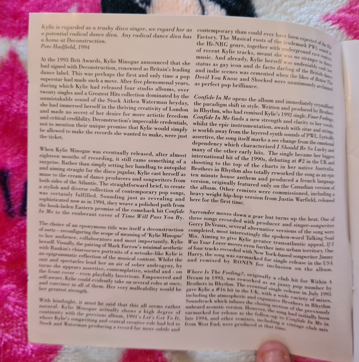RLeBonTennant's tweet photo. Part 2. There's some inlay notes at the beginning talking about all the songs on the album. You can also see the lyrics for Confide In Me, Surrender & If I Was Your Lover here. ๐๐๐๐๐
#KylieMinogue #KylieMinogue94 #LoveThisAlbum #2CDEdition https://t.co/6jIoa8tRok