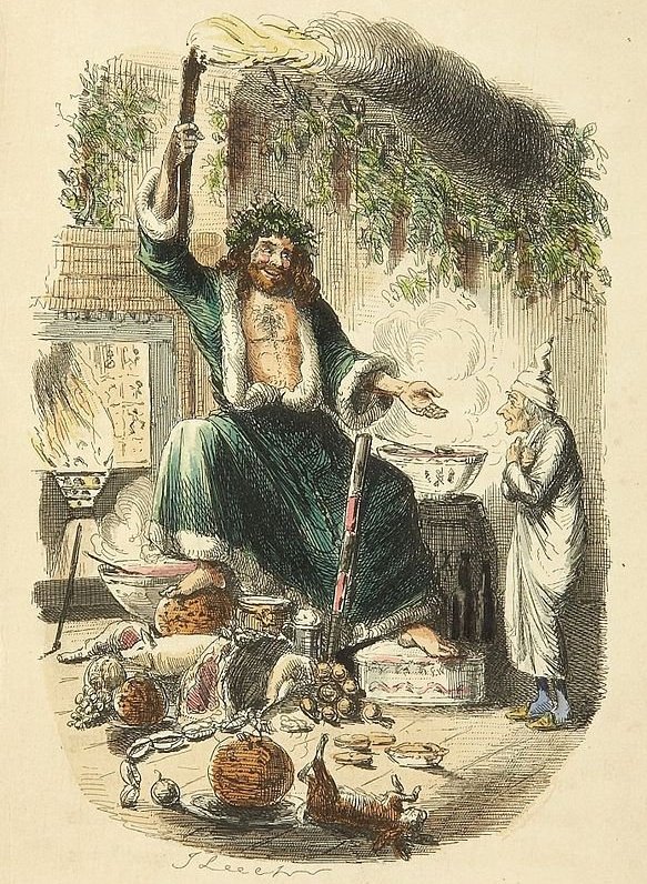 Dickens's Ghost of Christmas Present, by John Leech, 1843, a version of Father Christmas & dressed in green:  https://commons.m.wikimedia.org/wiki/File:Scrooges_third_visitor-John_Leech,1843.jpg