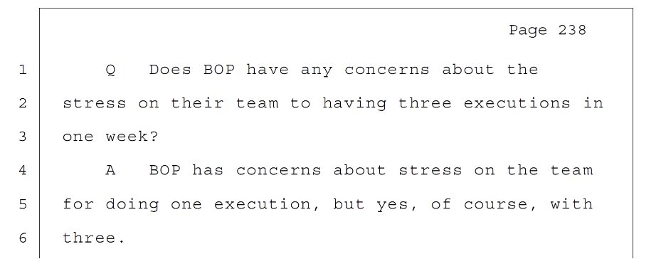 Prison officials were concerned about scheduling the first three executions in one week. But Barr wanted it that way, according to a BOP lawyer’s deposition. (DOJ denies this.)