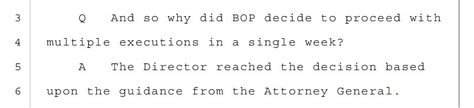 Prison officials were concerned about scheduling the first three executions in one week. But Barr wanted it that way, according to a BOP lawyer’s deposition. (DOJ denies this.)