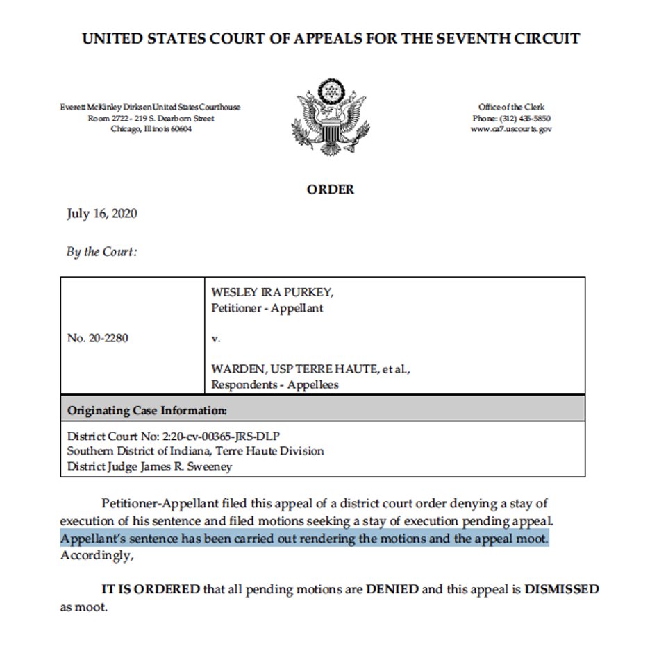 Next day, similar story. SCOTUS gave go-ahead to execute Wesley Purkey. Death warrant expired, but DOJ went ahead & issued new same-day notice. Execution started while a final court challenge was still going. Court said appeal was "moot" because Purkey was already dead.