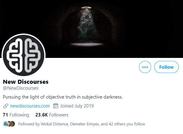 You might have come across James Lindsay's swish-looking 'New Discourses' website, "Pursuing the light of objective truth in subjective darkness!"It seems liberal, but appears to be owned by far right conspiracy crank weirdo & Christian nationalist, Michael O’Fallon. 