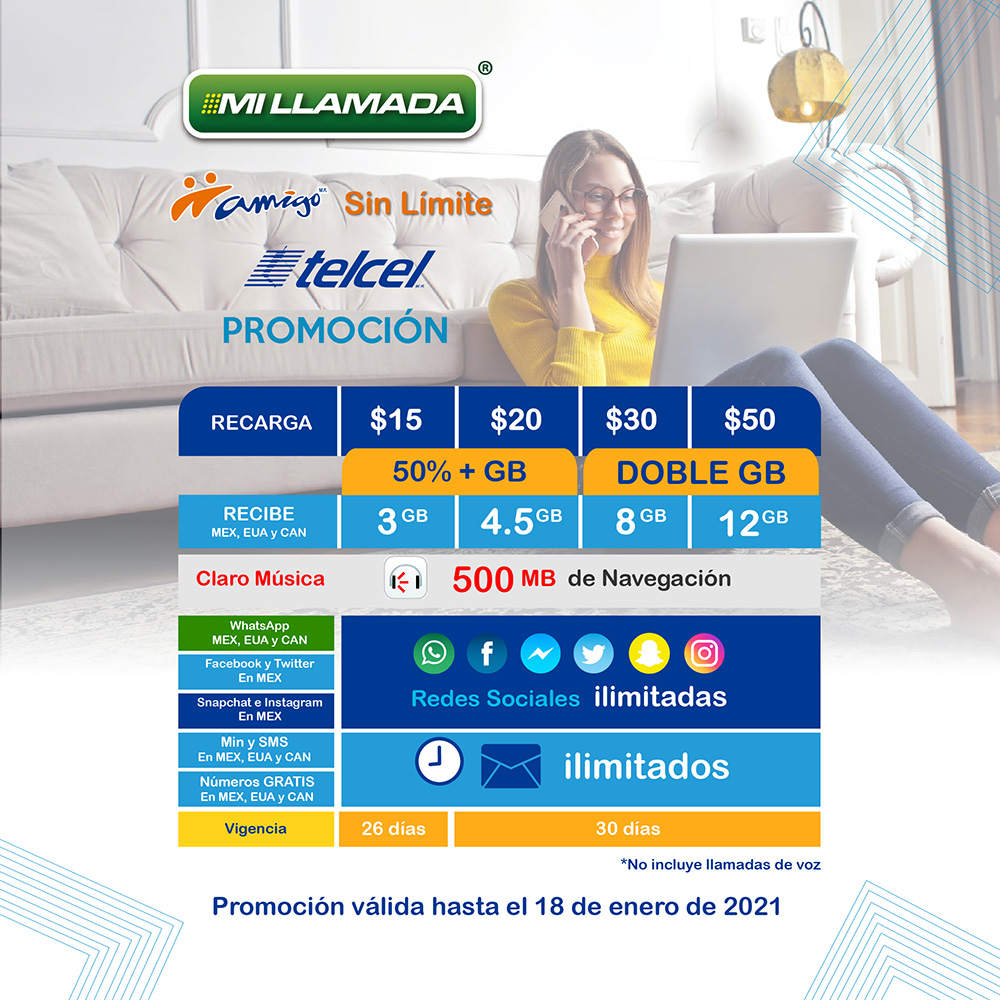 MiLlamada's tweet photo. Esta navidad 🇺🇸 ¡Disfruta MÁS Sin Limite con #Telcel y Mi Llamada! 🇲🇽 Obtén más para tus #redessociales, mensajes y navegación ¡Ademas Incluye #ClaroMusica! 🎶 DOBLE GB en tus #recargas de $30 y $50! Activa tu recarga en #MiLlamadaApp.
#MexicanosenUSA #callingplans #recargas https://t.co/UxpOAnVBFc