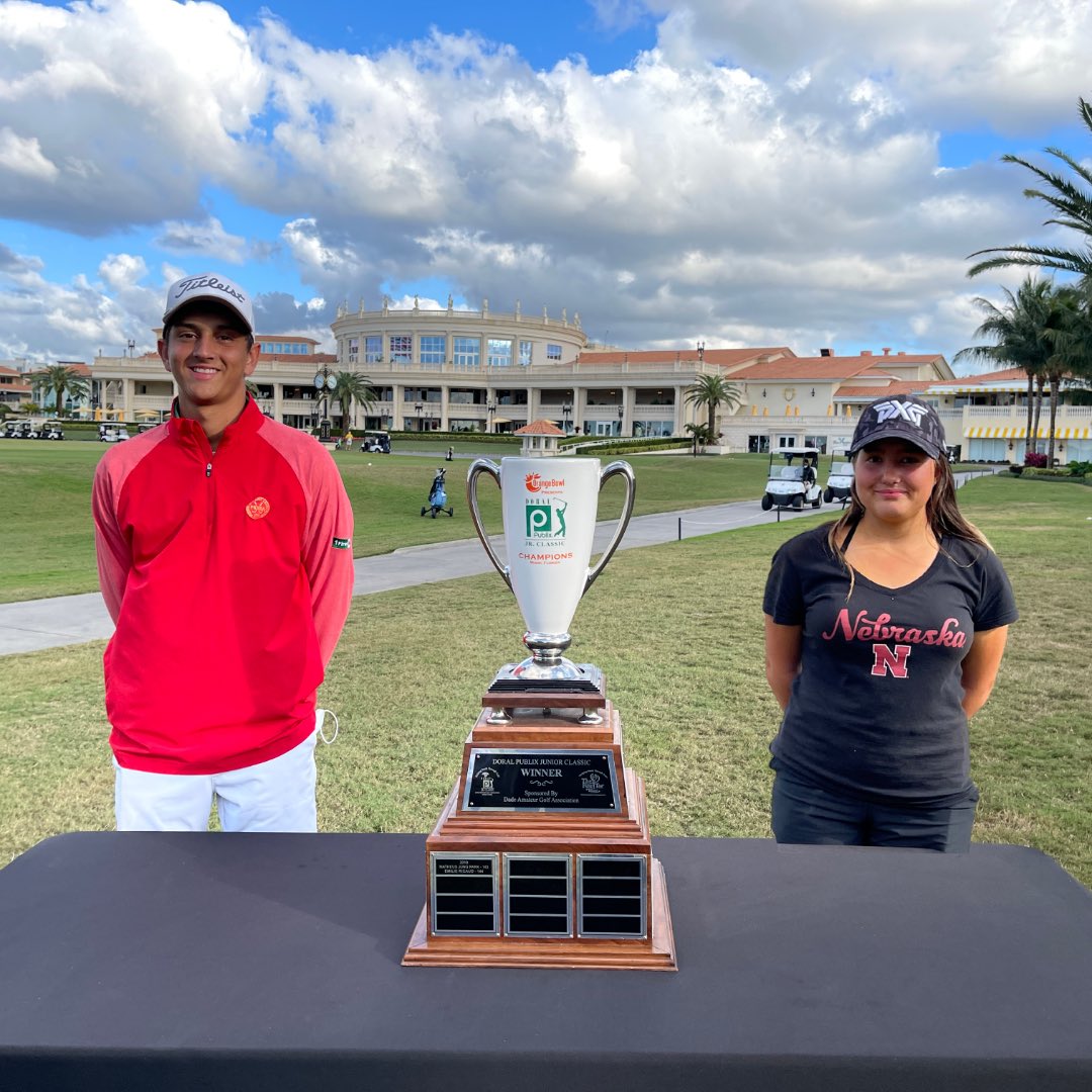 The official winners at the Doral Publix Junior Golf Classic presented by the Orange Bowl. Gustavo Rangel (Guaynabo, Puerto Rico) and Kate Bibby (United Kingdom) #doralpublix #firstteemiami