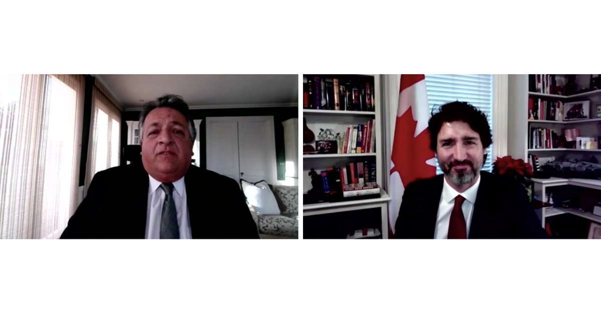 JustinTrudeau's tweet photo. This afternoon, I connected with @NoubarAfeyan - he’s a former Montrealer, fellow McGill graduate, and the cofounder of Moderna. We spoke about their COVID-19 vaccine, which @GovCanHealth approved today, and the work we’re doing to distribute doses as quickly as possible. https://t.co/L4YFLOo5B2