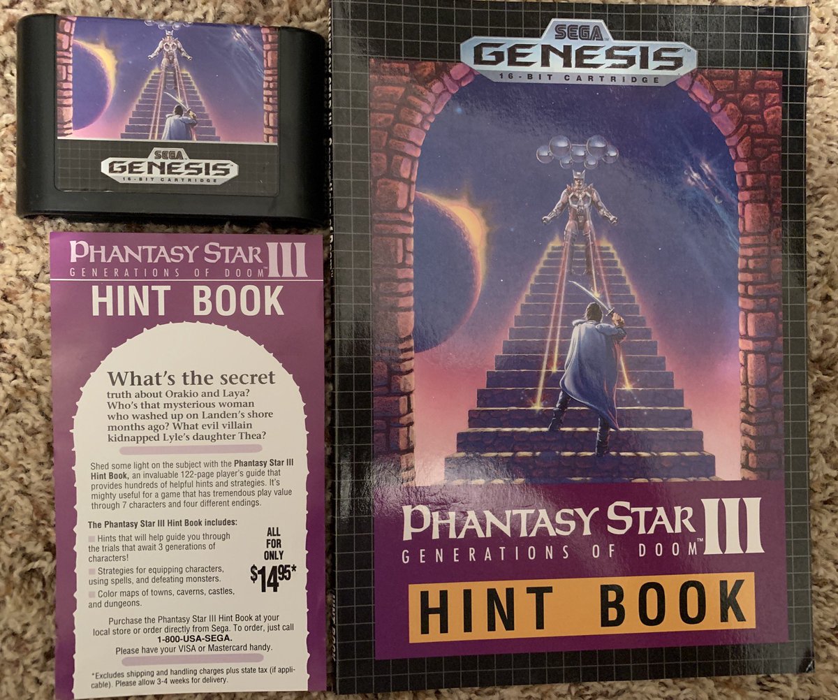 wildecoyote74's tweet photo. Time for #PhantasyStarIII #GenerationsOfDoom. #SegaGenesis My original cart, clamshell case, manual, map and ad leaflet are in pretty good shape. Appears I bought the Hint Book too for ONLY $14.95. Playing via MegaSG. https://t.co/6DPDg5bWm5