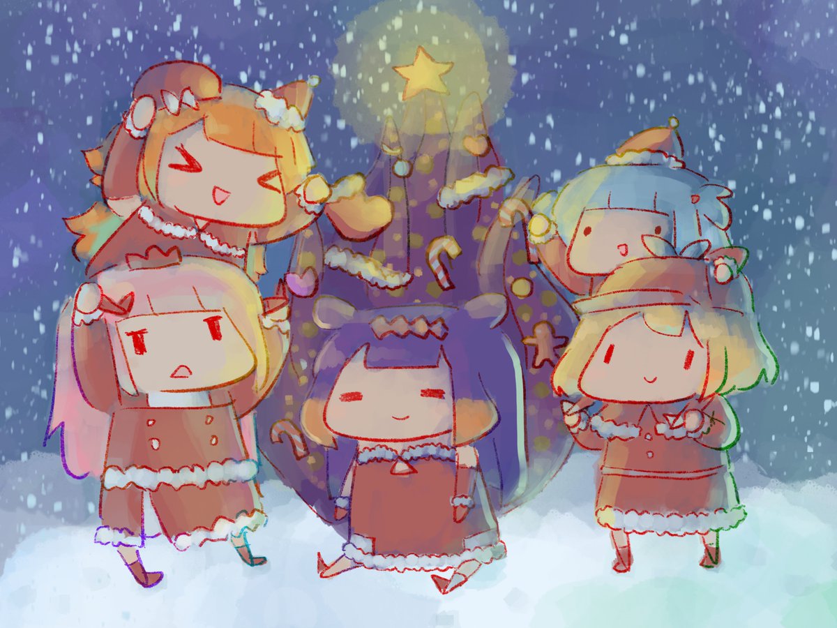 gawr gura ,mori calliope ,ninomae ina'nis ,takanashi kiara ,watson amelia multiple girls holomyth 5girls christmas chibi pink hair snow  illustration images