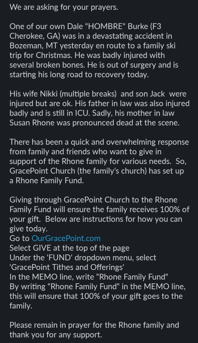 F3_CSD's tweet photo. @F3Nation @thef3foundation The men of @F3Cherokee1 could use your #TAPS and support.

Our own Hombre was in a devastating accident which took the life of his MIL and left him severely injured. See pic for details. https://t.co/q9iEKMxO4f