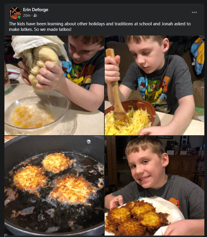 jstang97's tweet photo. .@beth_elewis learning never stops! Learning looks different in 2020! Thanks to you and your teachers for introducing us to latkes! #asrsd #pantherpride #yum #fractions Merry and happy everything! https://t.co/6WPMetXr1s