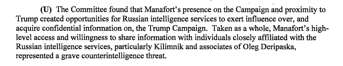 The Senate Intelligence Committee described Manafort – who was serving a sentence for financial crimes — as a direct conduit for Russian influence into the Trump campaign.