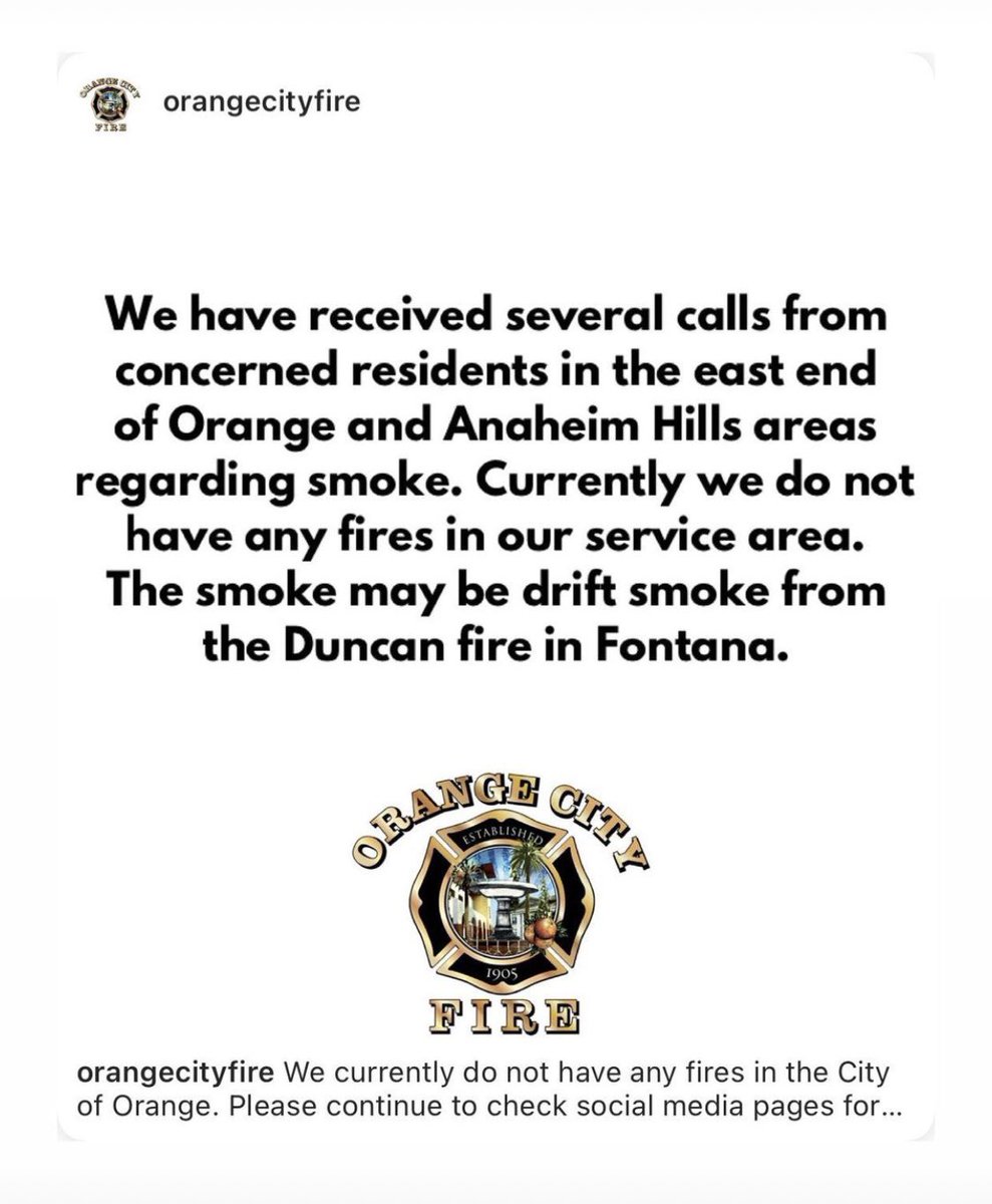 Orange City Fire (@orangecityfire) on Twitter photo We have received several calls from residents in the east end of Orange and Anaheim Hills regarding smoke. There is currently a vegetation fire #DuncanFire near Lytle Creek Sierra/I-15 in Fontana. <a href="/SBCOUNTYFIRE/">San Bernardino County Fire</a> is the lead agency. No current threat or fire in the City of Orange We have received several calls from residents in the east end of Orange and Anaheim Hills regarding smoke. There is currently a vegetation fire #DuncanFire near Lytle Creek Sierra/I-15 in Fontana. <a href="/SBCOUNTYFIRE/">San Bernardino County Fire</a> is the lead agency. No current threat or fire in the City of Orange