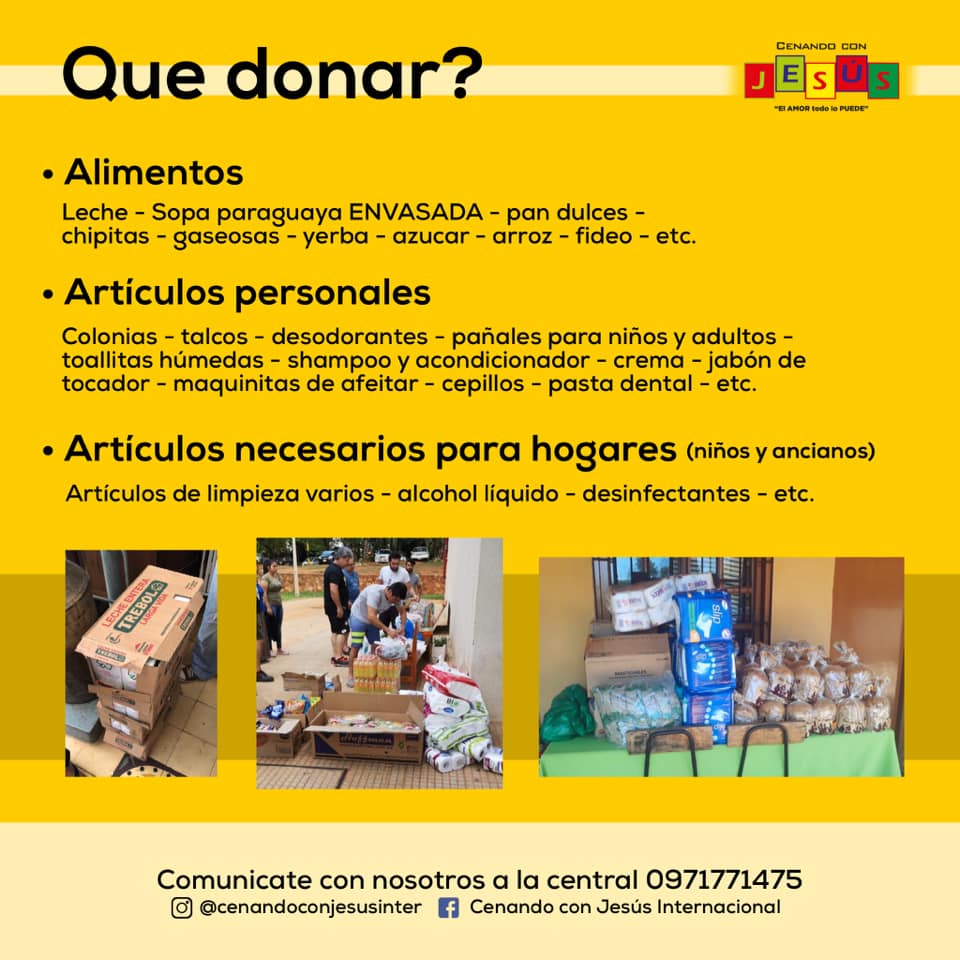 CenandoConJesus's tweet photo. En esta edición de #CenandoConJesús en modo COVID estaremos recibiendo donaciones de alimentos envasados de forma a que puedan ser desinfectados antes de ingresar a cada lugar.

📲0971 77 14 75. https://t.co/PGkClWthXx