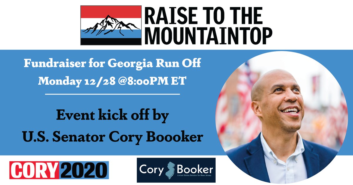 Raise2GA's tweet photo. 🚨BIG UPDATE🚨We are thrilled to announce that our former boss Sen. @CoryBooker will kick off our virtual fundraiser on 12/28 at 8PM ET! #Raise2GA🍑

Chip in $10 NOW to secure your ticket to #FliptheSenate ➡️ https://t.co/hc3miuuduU https://t.co/HxrV75E7Lv