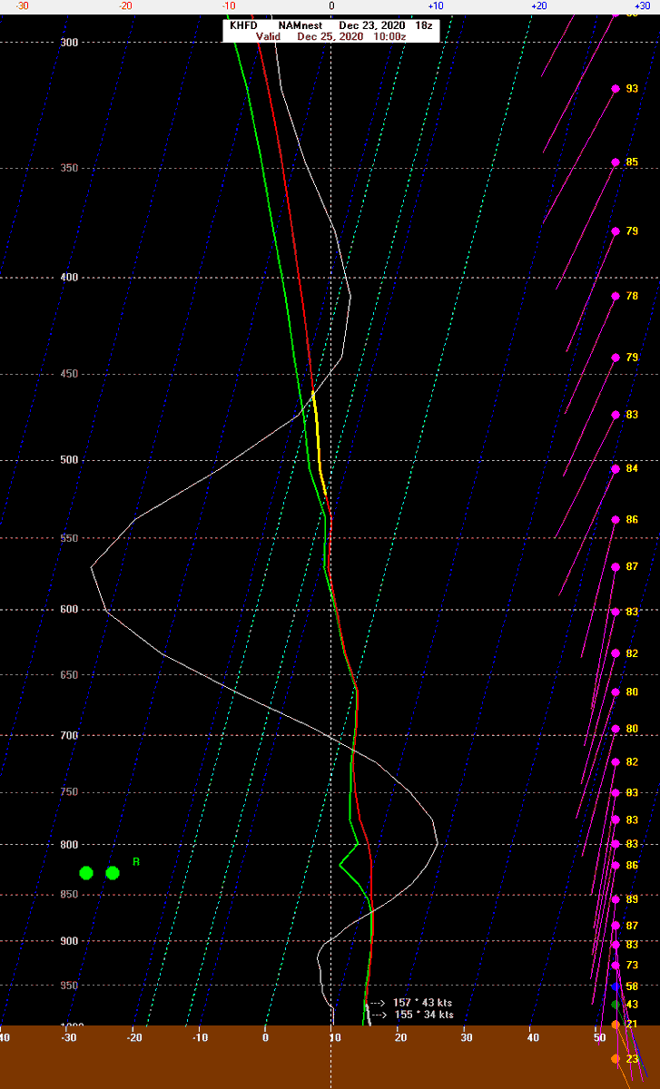 With water temperatures in the Sound near 40 degrees the strongest wind gusts will likely be just inland from the Sound. The NAM model here shows a more stable temperature profile at Groton than at Hartford. This is why we have a similar gust forecast statewide.