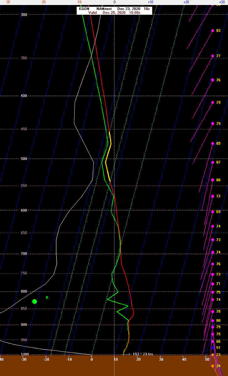 With water temperatures in the Sound near 40 degrees the strongest wind gusts will likely be just inland from the Sound. The NAM model here shows a more stable temperature profile at Groton than at Hartford. This is why we have a similar gust forecast statewide.
